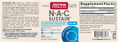 Jarrow Formulas N-A-C Sustain 600 mg source label used in the packaging illustration