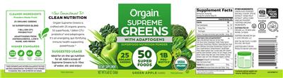 Orgain Supreme Greens with Adaptogens Green Apple Flavored source label used in the packaging illustration