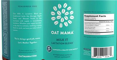 Oat Mama Milk It Lactation Blend source label used in the packaging illustration