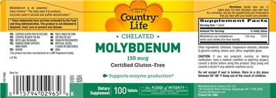 Country Life Chelated Molybdenum 150 mcg source label used in the packaging illustration