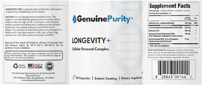 GenuinePurity Longevity+ source label used in the packaging illustration
