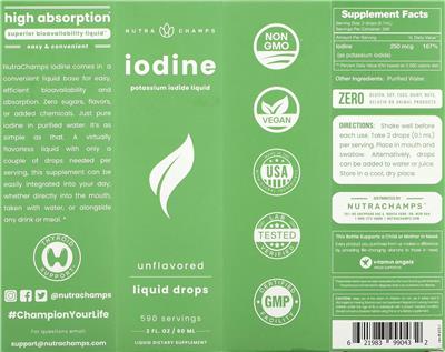 NutraChamps Iodine Liquid Drops Unflavored source label used in the packaging illustration