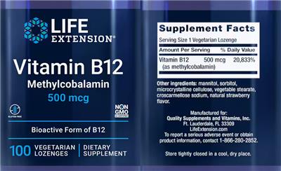 Life Extension Vitamin B12 Methylcobalamin 500 mcg product packaging