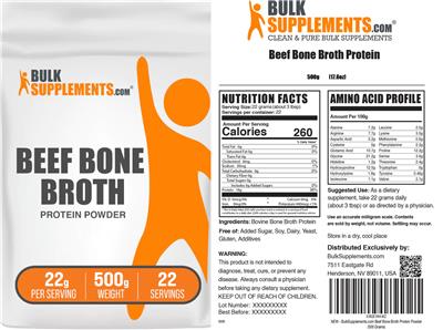 BulkSupplements.com Beef Bone Broth Protein Powder 22 g source label used in the packaging illustration