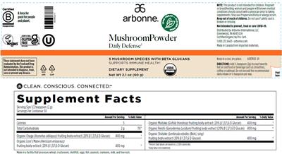 Arbonne MushroomPowder Daily Defense source label used in the packaging illustration