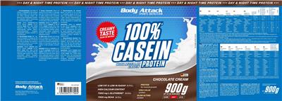 Body Attack Sports Nutrition 100% Casein Protein Chocolate Cream source label used in the packaging illustration