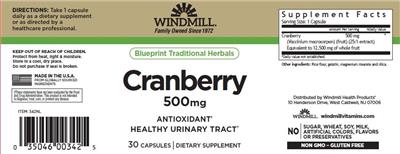 Windmill Cranberry 500 mg source label used in the packaging illustration
