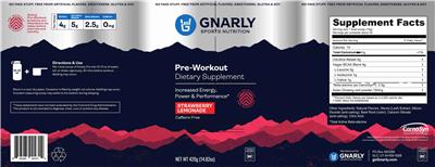 Gnarly Sports Nutrition Pre-Workout Caffeine Free Strawberry Lemonade product packaging
