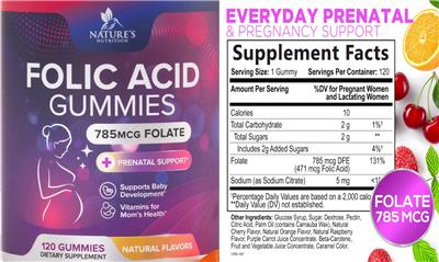Nature's Nutrition Folic Acid Gummies source label used in the packaging illustration