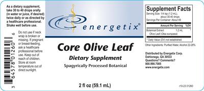 Energetix Core Olive Leaf source label used in the packaging illustration