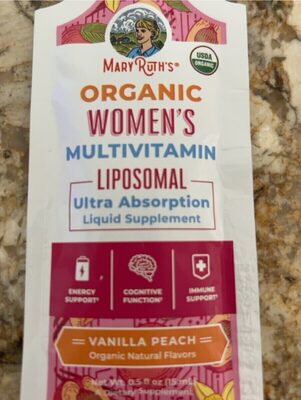Mary Ruth's Organic Women's Multivitamin Liposomal Vanilla Peach source label used in the packaging illustration