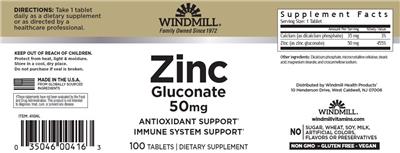 Windmill Zinc Gluconate 50 mg source label used in the packaging illustration