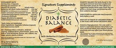 Signature Supplements Diabetic Balance source label used in the packaging illustration