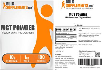 BulkSupplements.com MCT Powder Medium-Chain Triglycerides 10 g source label used in the packaging illustration