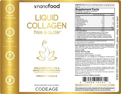Codeage Nanofood Liquid Collagen Trim & Glow French Vanilla source label used in the packaging illustration