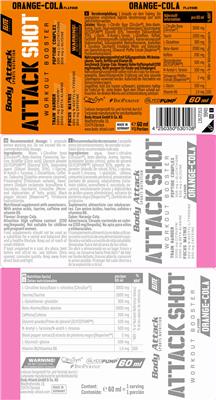 Body Attack Sports Nutrition Attack Shot Orange-Cola Flavour source label used in the packaging illustration