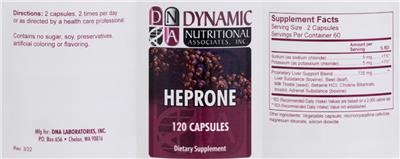 DNA Dynamic Nutritional Associates Heprone source label used in the packaging illustration