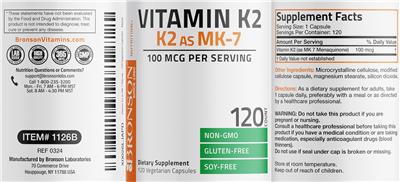 Bronson Vitamin K2 100 mcg source label used in the packaging illustration