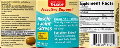 Tylenol Muscle & Joint + Stress source label used in the packaging illustration