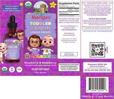 Mary Ruth's CoComelon Toddler Elderberry Liquid Drops Blueberry & Raspberry source label used in the packaging illustration