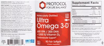 Protocol For Life Balance Molecularly Distilled Ultra Omega 3-D source label used in the packaging illustration