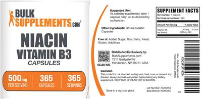 BulkSupplements.com Niacin Vitamin B3 Capsules 500 mg product packaging