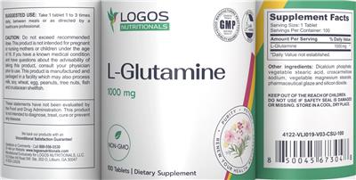 Logos Nutritionals L-Glutamine 1000 mg source label used in the packaging illustration