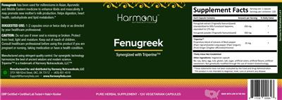 Harmony Nutraceuticals Fenugreek source label used in the packaging illustration