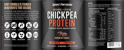 Sport Formula 99 Chickpea Protein Chocolate Shake source label used in the packaging illustration