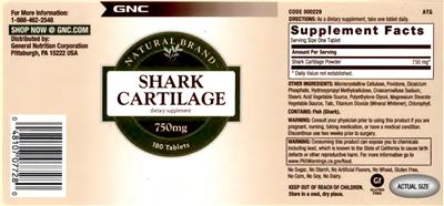 GNC Natural Brand Shark Cartilage 750 mg source label used in the packaging illustration