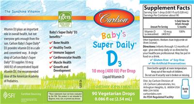 Carlson Baby's Super Daily D3 10 mcg (400 IU) source label used in the packaging illustration