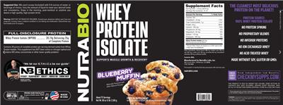 NutraBio Whey Protein Isolate Blueberry Muffin source label used in the packaging illustration
