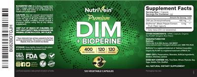 Nutrivein Premium DIM + Bioperine source label used in the packaging illustration