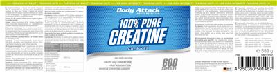 Body Attack Sports Nutrition 100% Pure Creatine Capsules 5620 mg source label used in the packaging illustration
