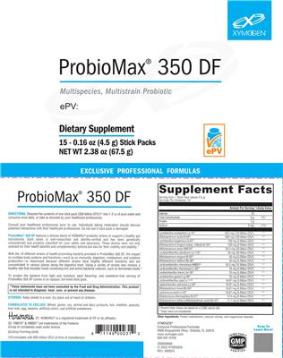 XYMOGEN ProbioMax 350 DF source label used in the packaging illustration