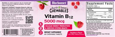 Bluebonnet EarthSweet Chewables Vitamin B12 5000 mcg Raspberry Flavor source label used in the packaging illustration