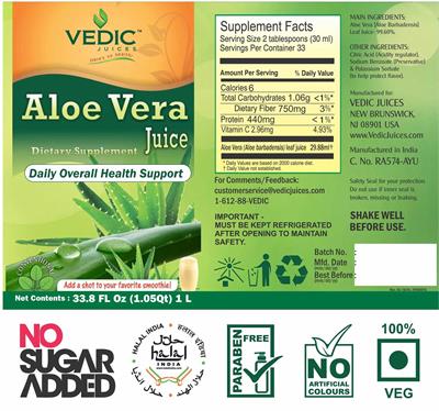 Vedic Juices Aloe Vera Juice source label used in the packaging illustration