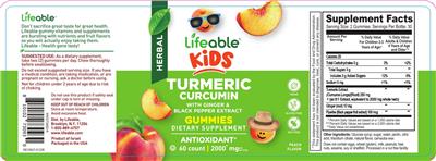 Lifeable Kids Turmeric Curcumin Peach Flavor source label used in the packaging illustration