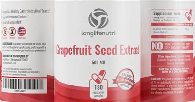 longlifenutri Grapefruit Seed Extract 500 mg source label used in the packaging illustration