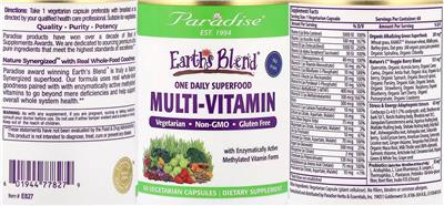 Paradise Earth's Blend One Daily Superfood Multi-Vitamin No Iron source label used in the packaging illustration
