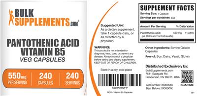 BulkSupplements.com Pantothenic Acid Vitamin B5 Veg Capsules 550 mg product packaging