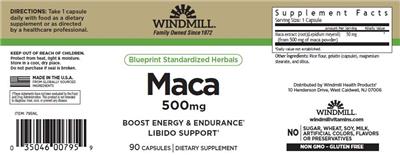 Windmill Maca 500 mg source label used in the packaging illustration