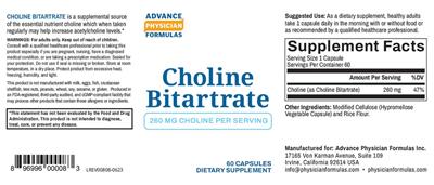 Advance Physician Formulas Choline Bitartrate 260 mg source label used in the packaging illustration