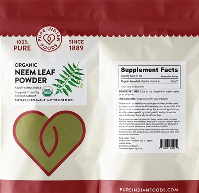 Pure Indian Foods Organic Neem Leaf Powder source label used in the packaging illustration