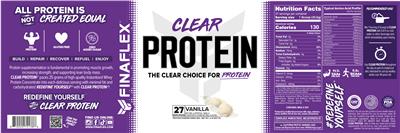 FINAFLEX Clear Protein Vanilla source label used in the packaging illustration