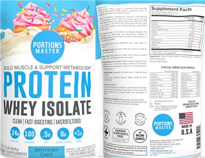 Portions Master Protein Whey Isolate Birthday Cake source label used in the packaging illustration