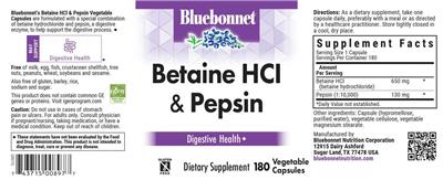 Bluebonnet Betaine HCl & Pepsin source label used in the packaging illustration