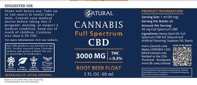 Zatural Cannabis Full Spectrum CBD 3000 mg Root Beer Float product packaging