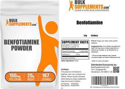 BulkSupplements.com Benfotiamine Powder 150 mg source label used in the packaging illustration