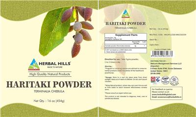 Herbal Hills Haritaki Powder source label used in the packaging illustration